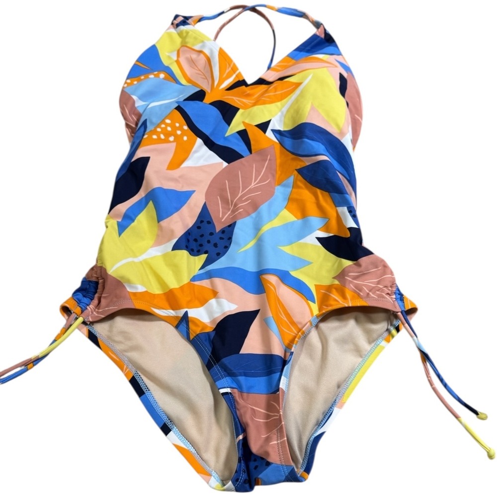 Kona‎ Sol One Piece Swimsuit M Multicolor Floral Leaf Print Halter Drawstring